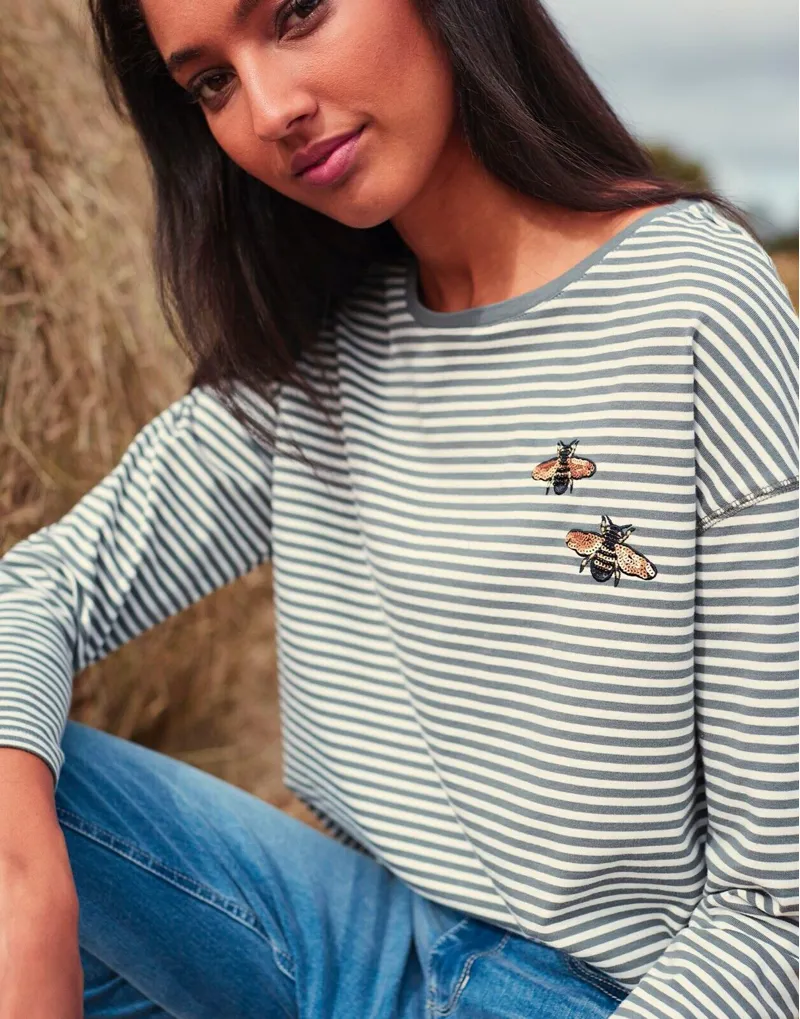 Joules Ladies Marina Embroidered Dropped Shoulder Green Cream Stripe Jersey Top